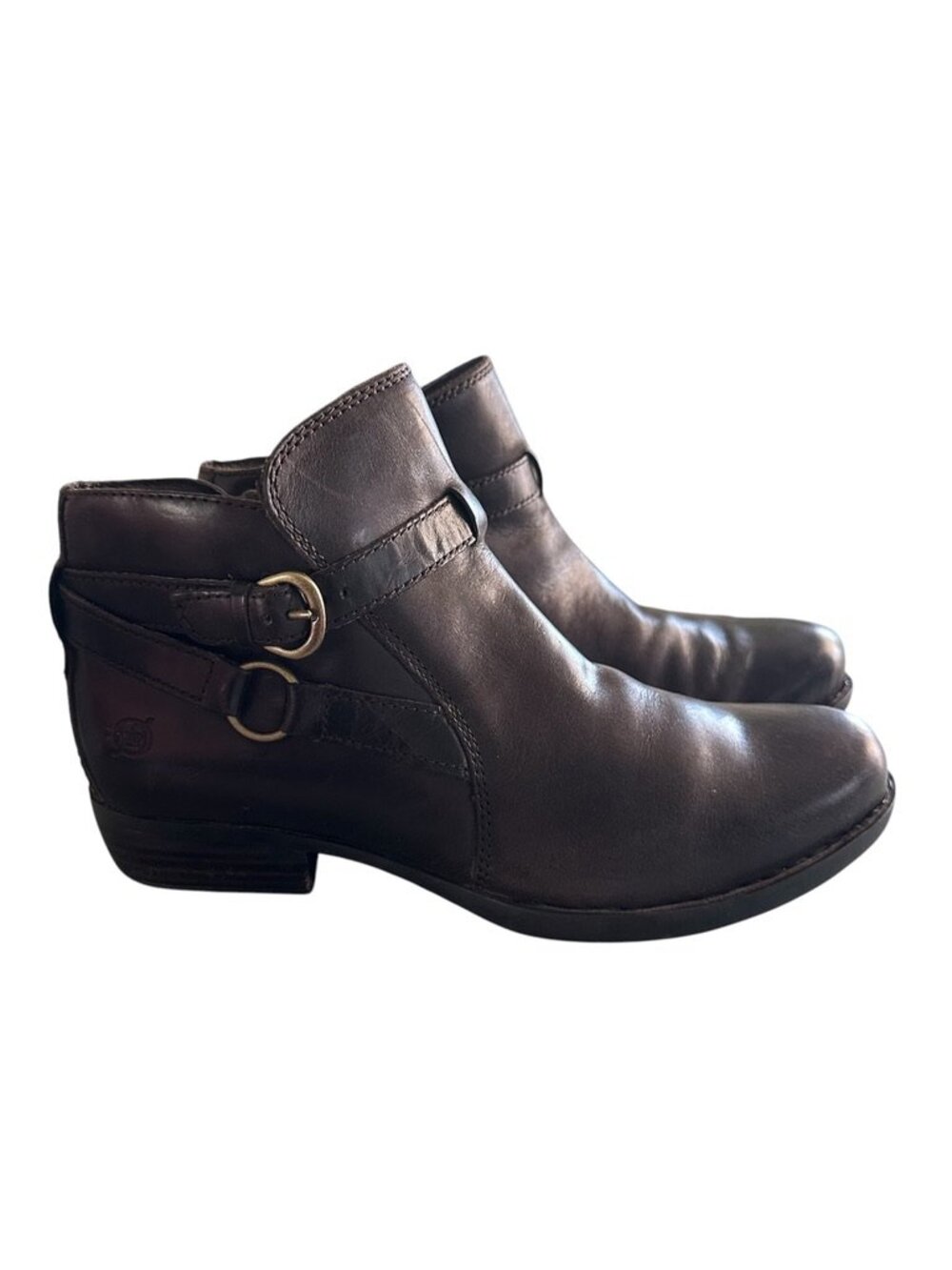 BORN Dark Brown Leather Ankle Booties Double Buckle Strap Zip Up Boots 8M